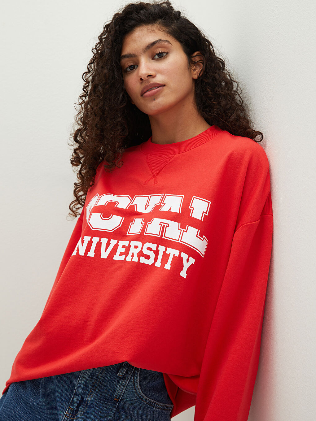 Kırmızı Bisiklet Yaka Baskılı Uzun Kollu Kadın Sweatshirt-1