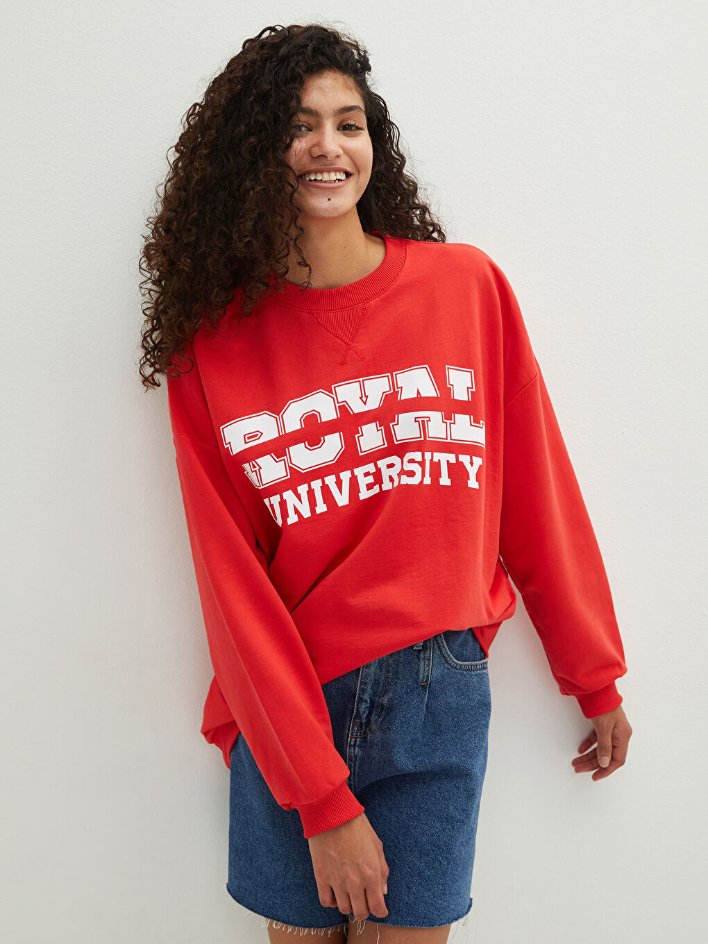 Kırmızı Bisiklet Yaka Baskılı Uzun Kollu Kadın Sweatshirt-3