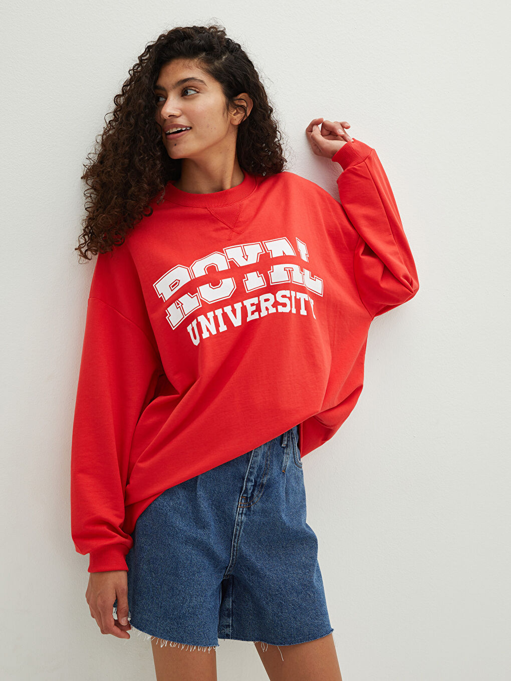 Kırmızı Bisiklet Yaka Baskılı Uzun Kollu Kadın Sweatshirt-5