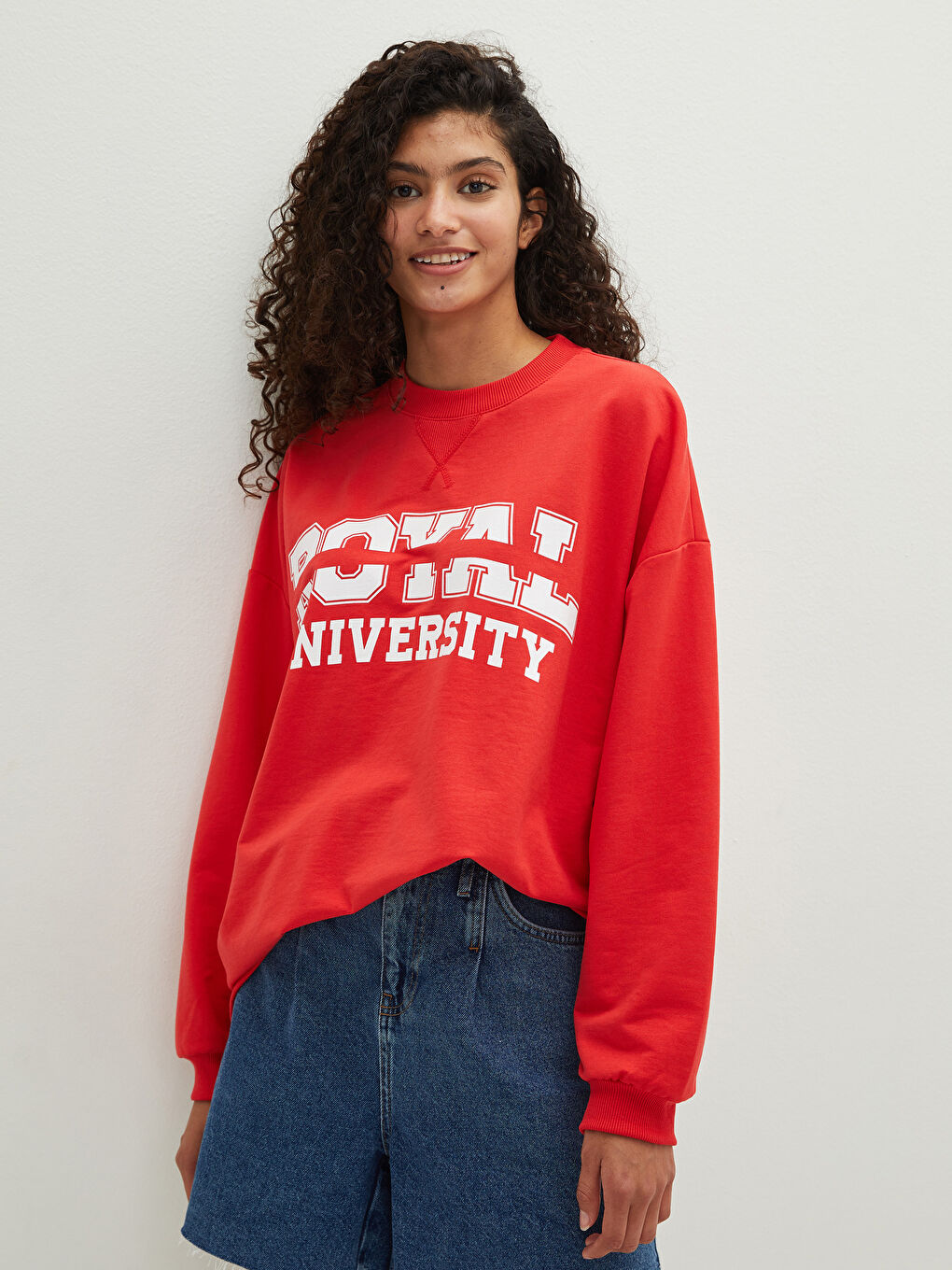 Kırmızı Bisiklet Yaka Baskılı Uzun Kollu Kadın Sweatshirt-7