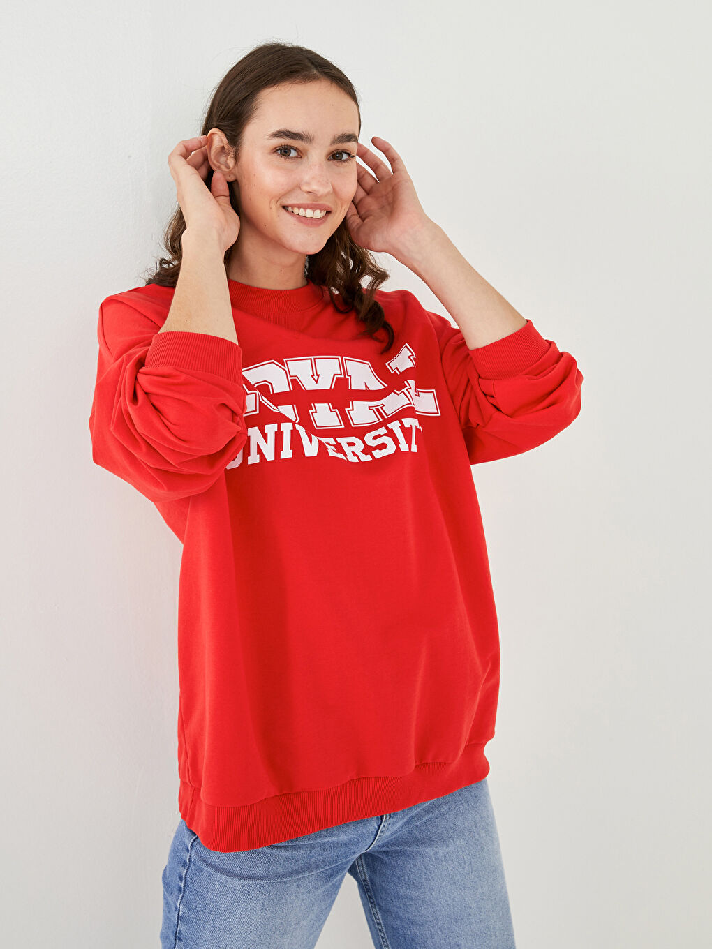 Kırmızı Bisiklet Yaka Baskılı Uzun Kollu Kadın Sweatshirt