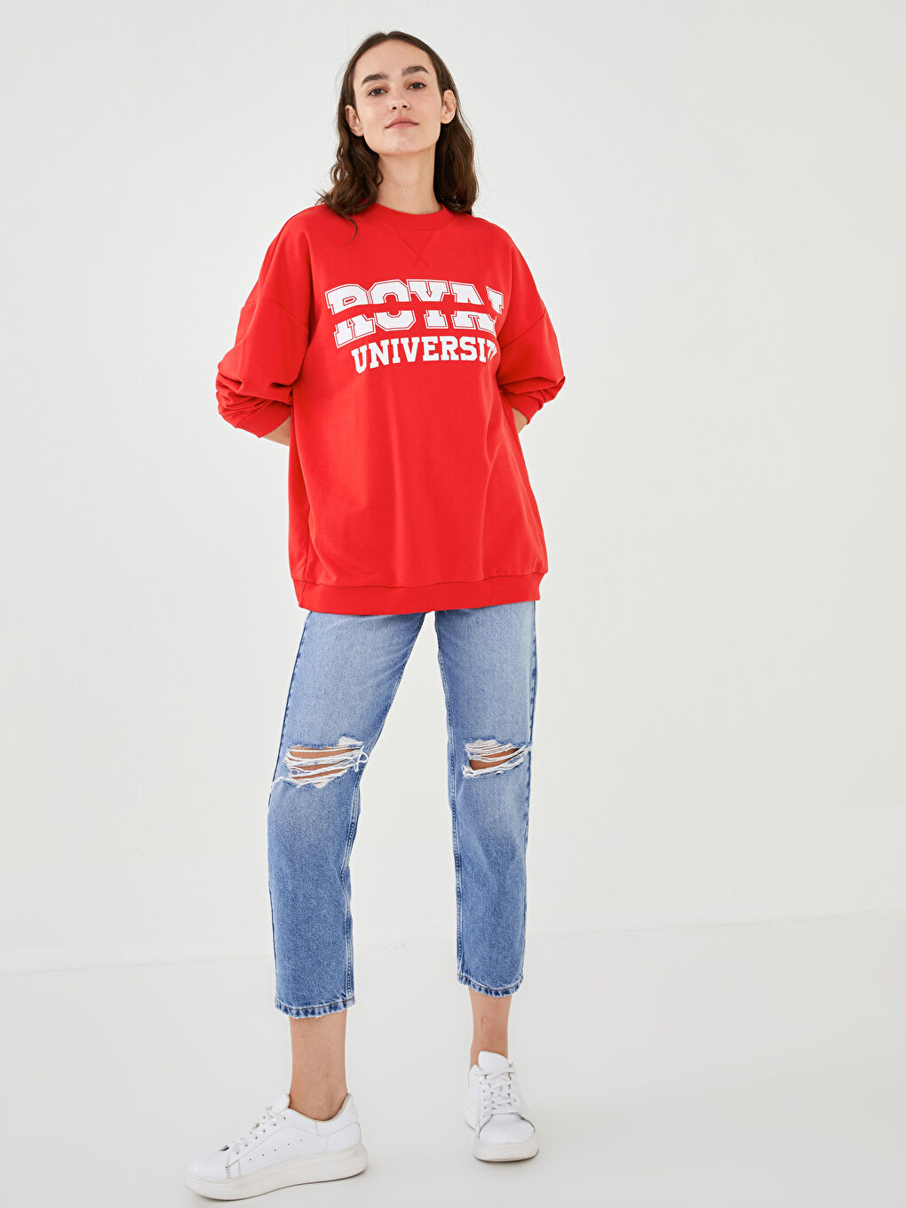 Kırmızı Bisiklet Yaka Baskılı Uzun Kollu Kadın Sweatshirt-2