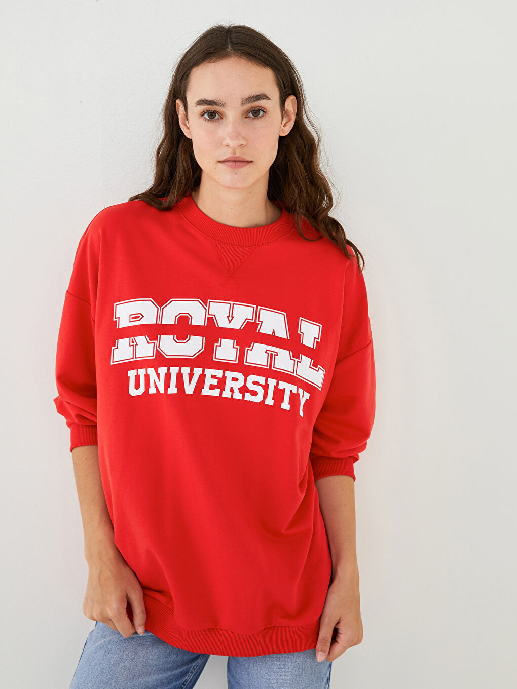 Kırmızı Bisiklet Yaka Baskılı Uzun Kollu Kadın Sweatshirt-4