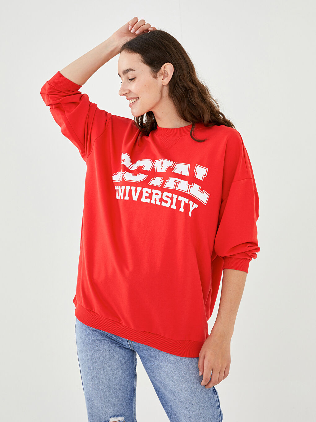 Kırmızı Bisiklet Yaka Baskılı Uzun Kollu Kadın Sweatshirt-6