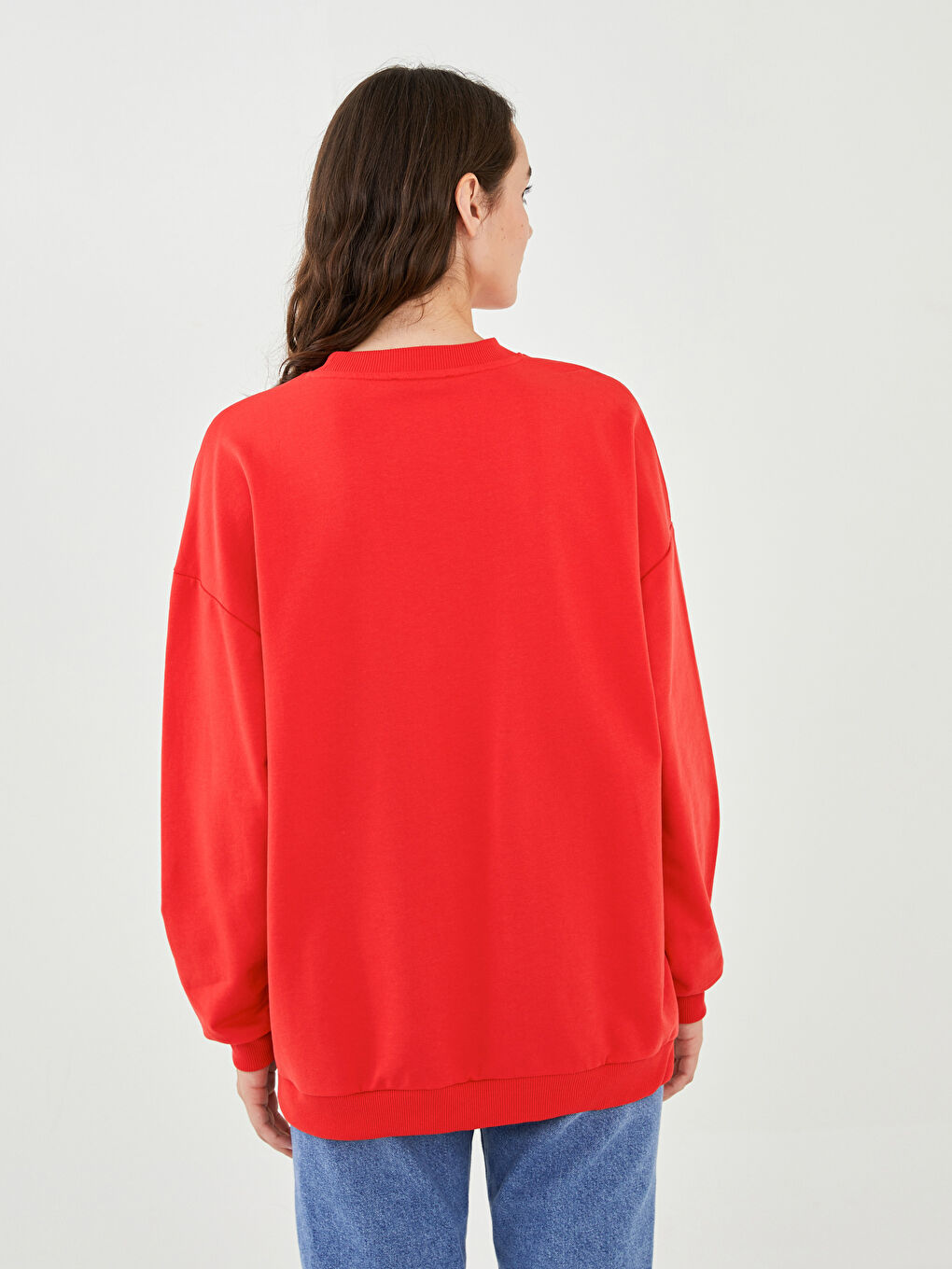 Kırmızı Bisiklet Yaka Baskılı Uzun Kollu Kadın Sweatshirt-8