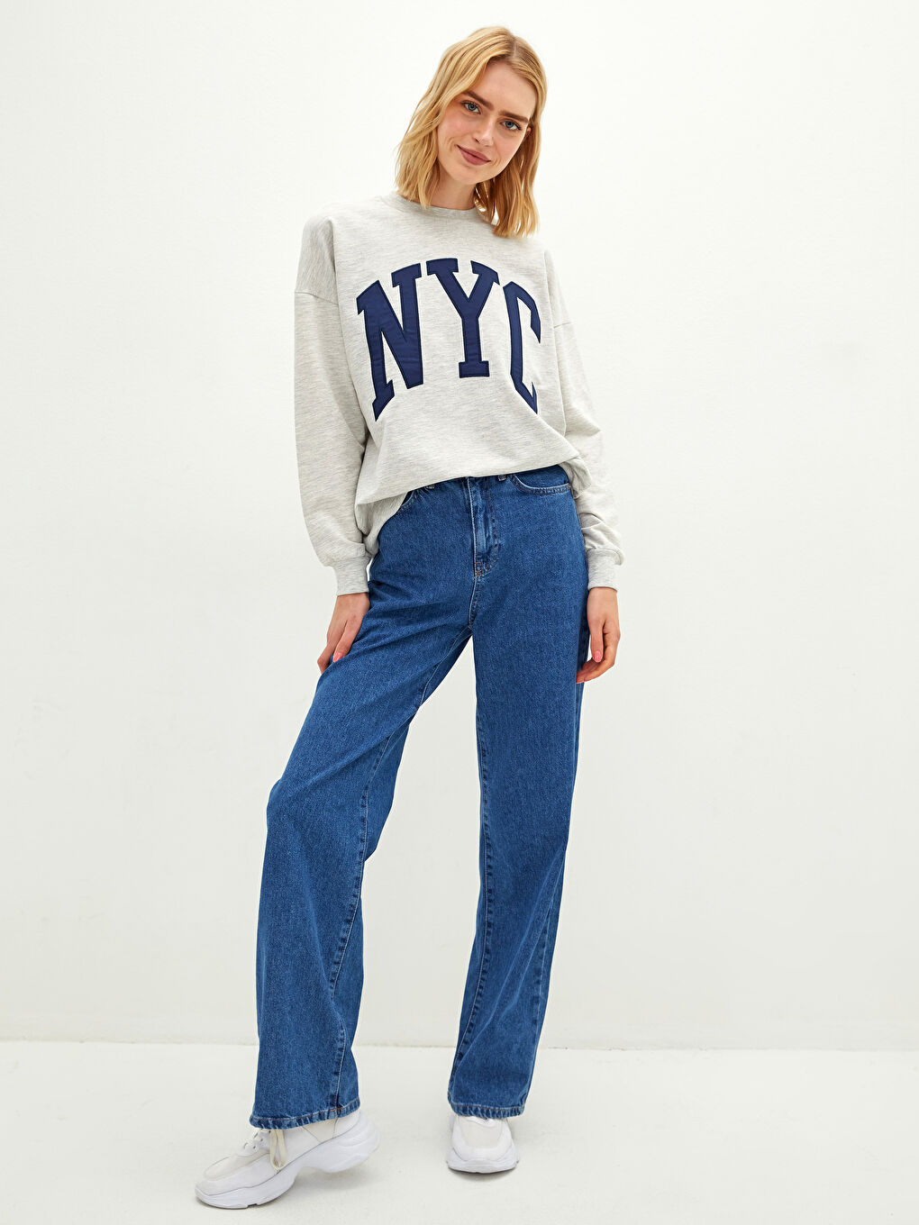 Gri Bisiklet Yaka Baskılı Uzun Kollu Kadın Sweatshirt-7