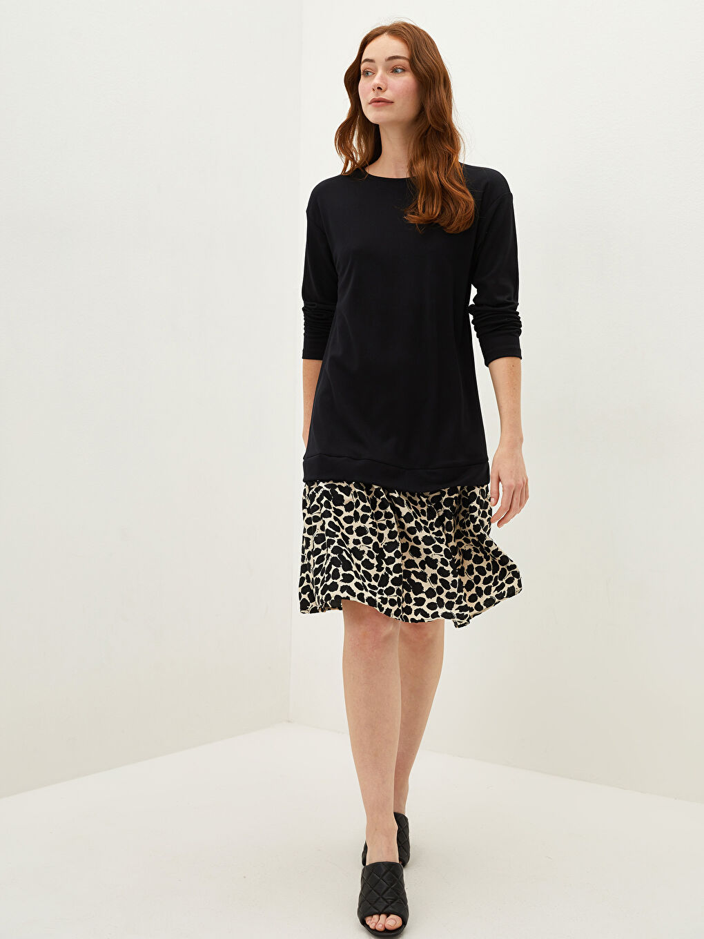 LCWAIKIKI Classic Crew Neck Leopard Pattern Long Sleeve Women's Dress -W1BI69Z8-LQJ