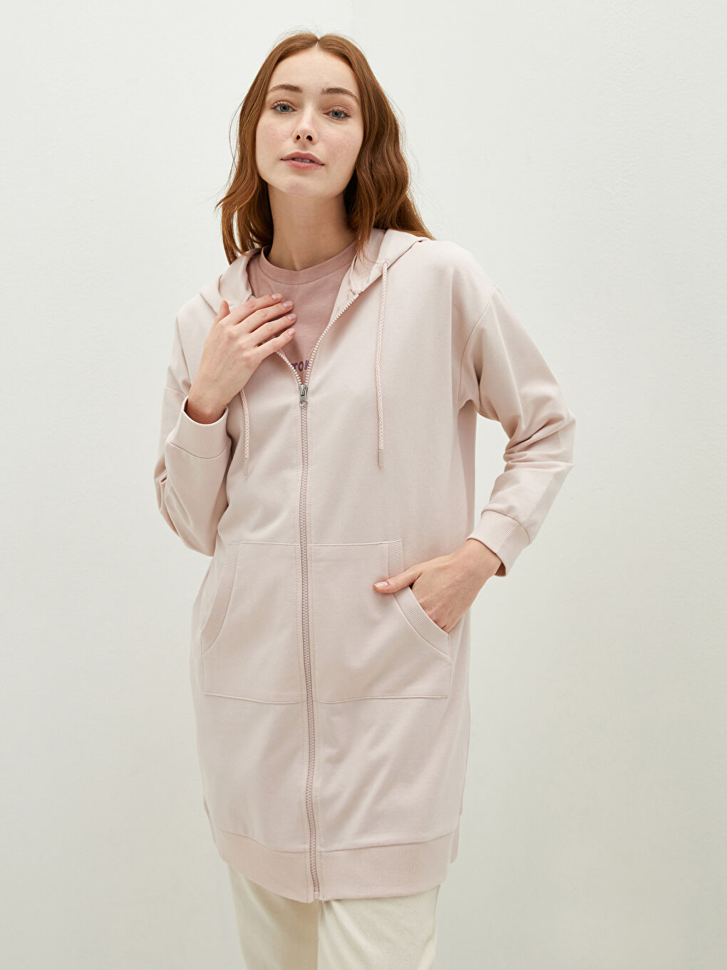 LCW Modest Hooded Collar Straight Zipper Closure Long Sleeve Women's Cardigan -W1BJ01Z8-UX6