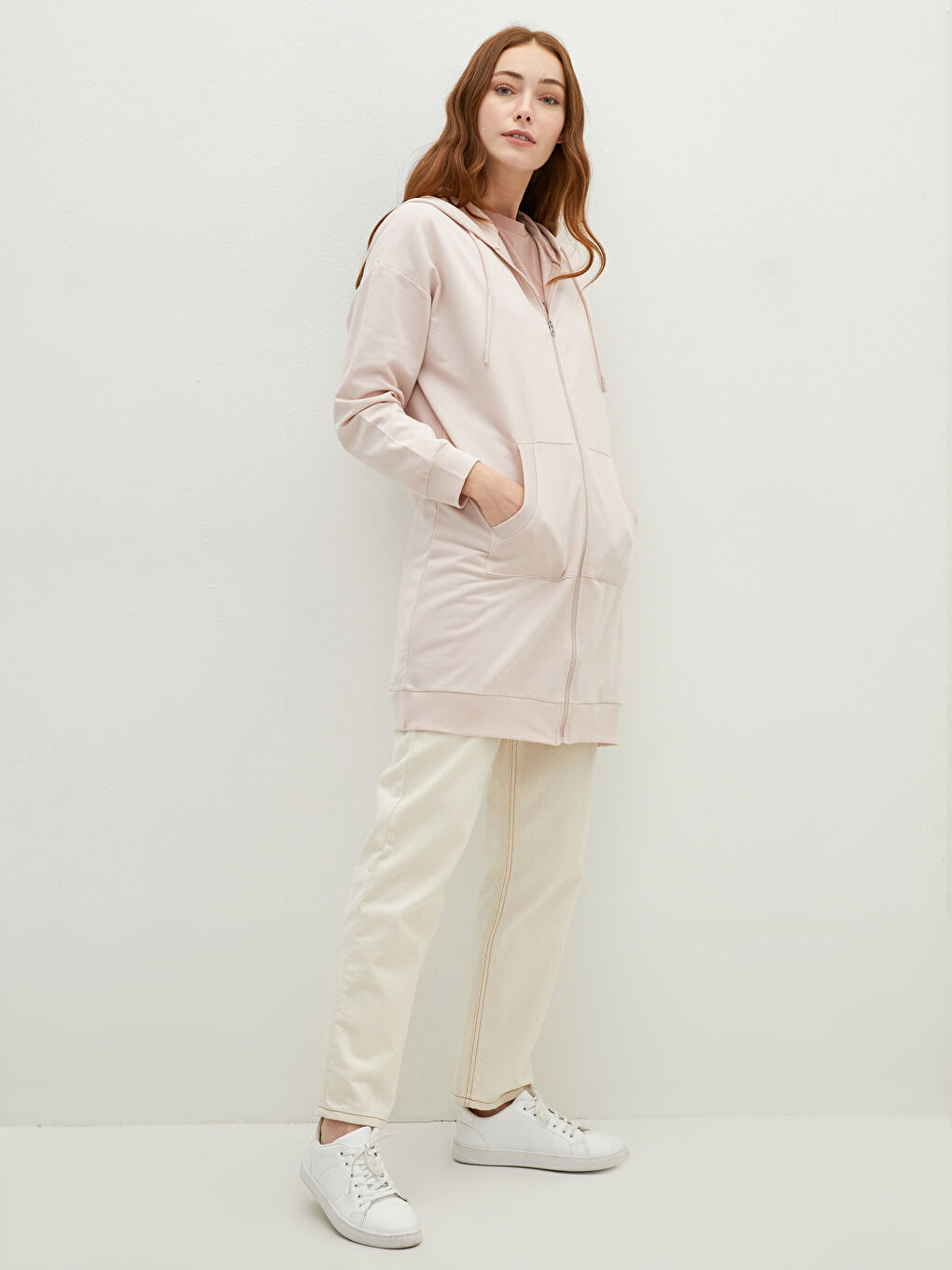 LCW Modest Hooded Collar Straight Zipper Closure Long Sleeve Women's Cardigan -W1BJ01Z8-UX6