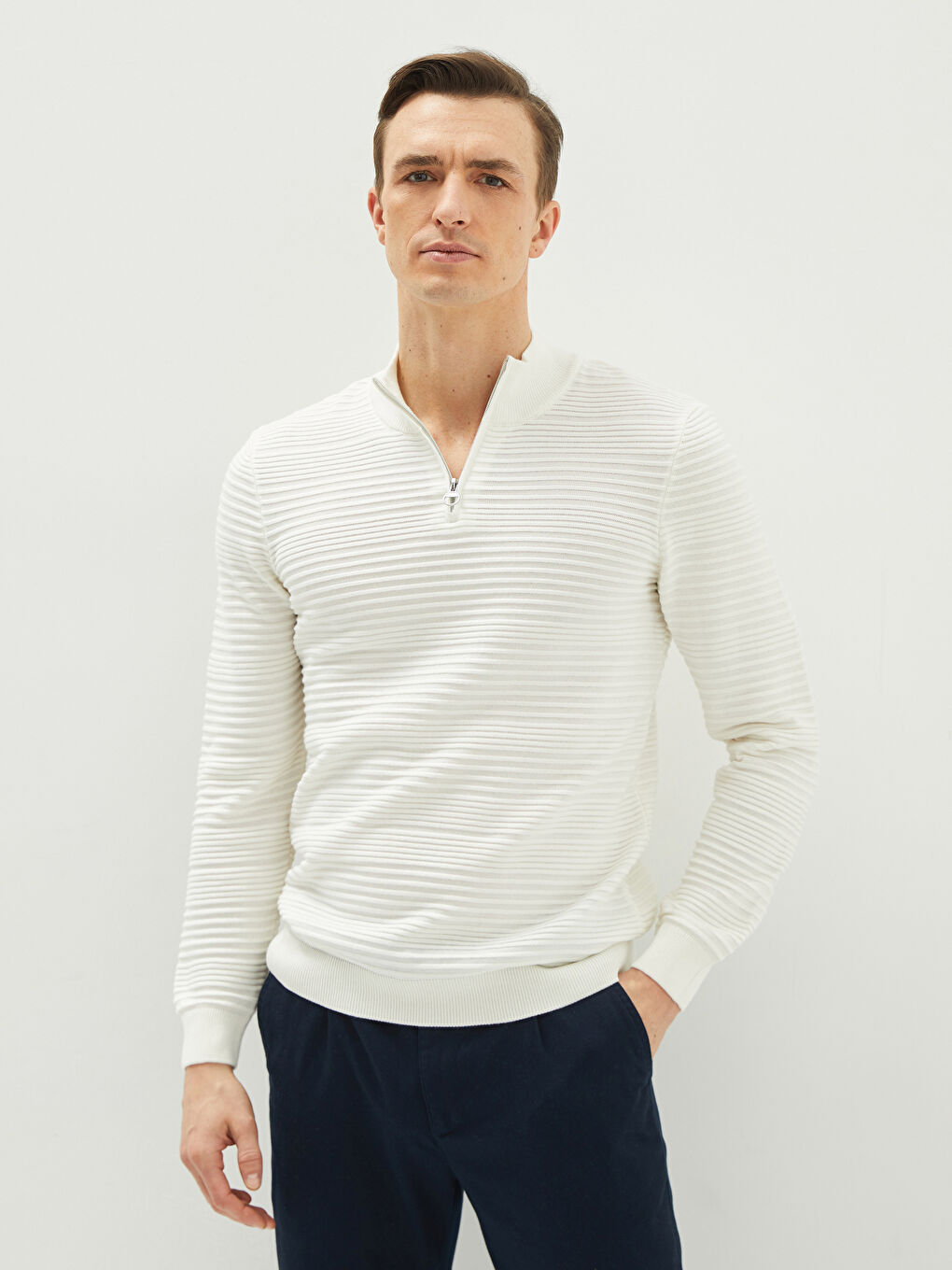 Stand Up Collar Long Sleeve Patterned Men's Knitwear Sweater-1