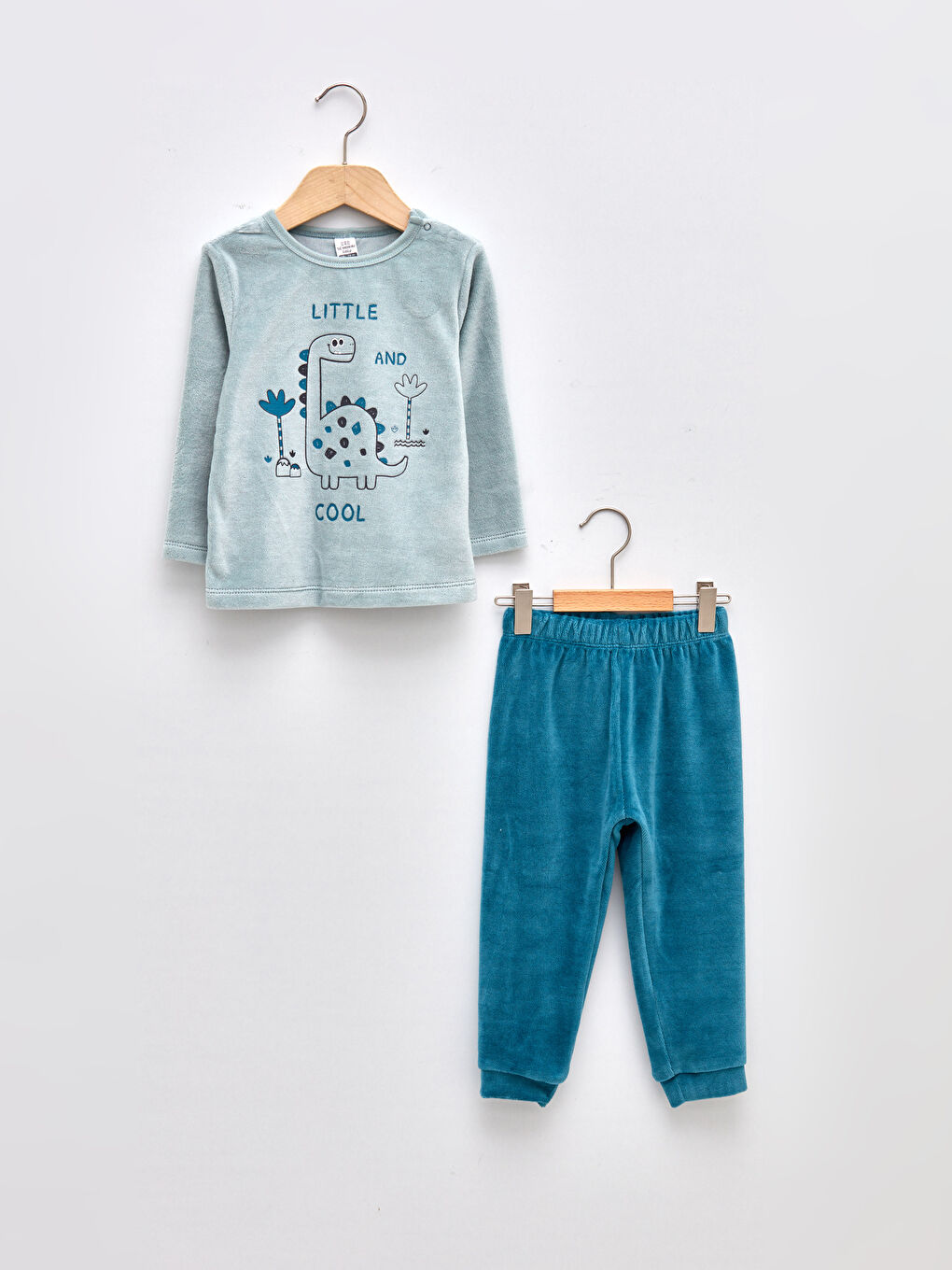 Mavi Bisiklet Yaka Uzun Kollu Baskılı Kadife Erkek Bebek Pijama Takımı