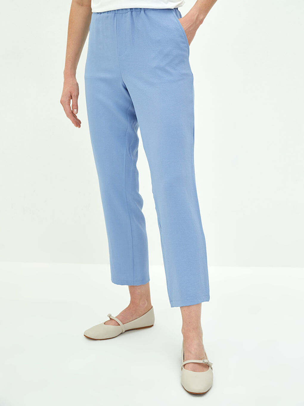 بنطلون بالازو نسائي بخصر مطاطي واسع بقصة مستقيمة وتفاصيل جيوب-1