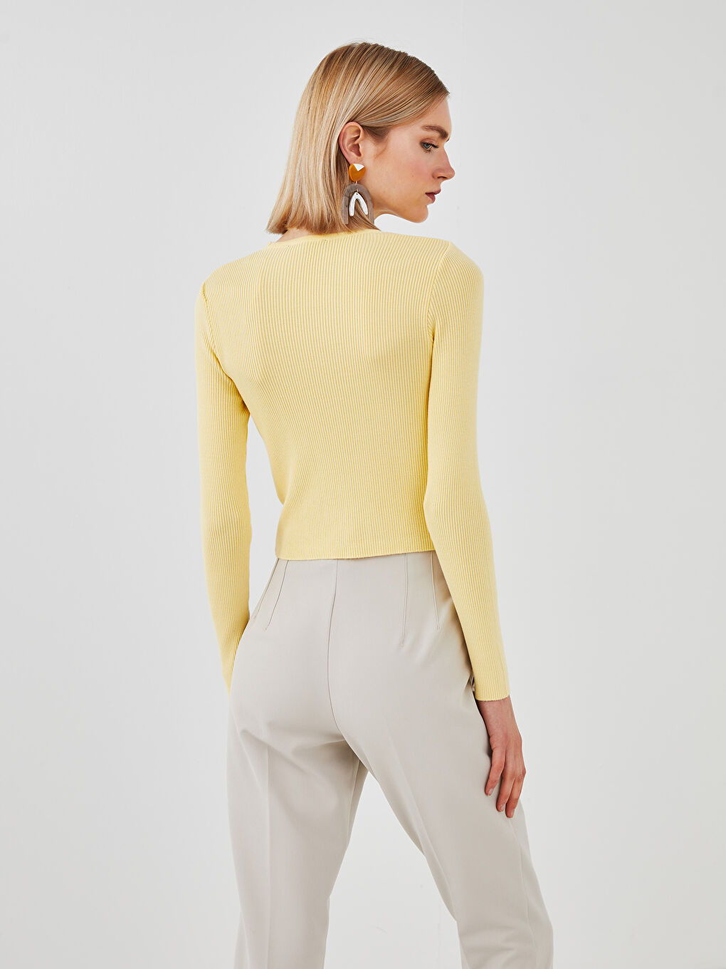 Sarı Bisiklet Yaka Crop Kadın Triko Kazak-5