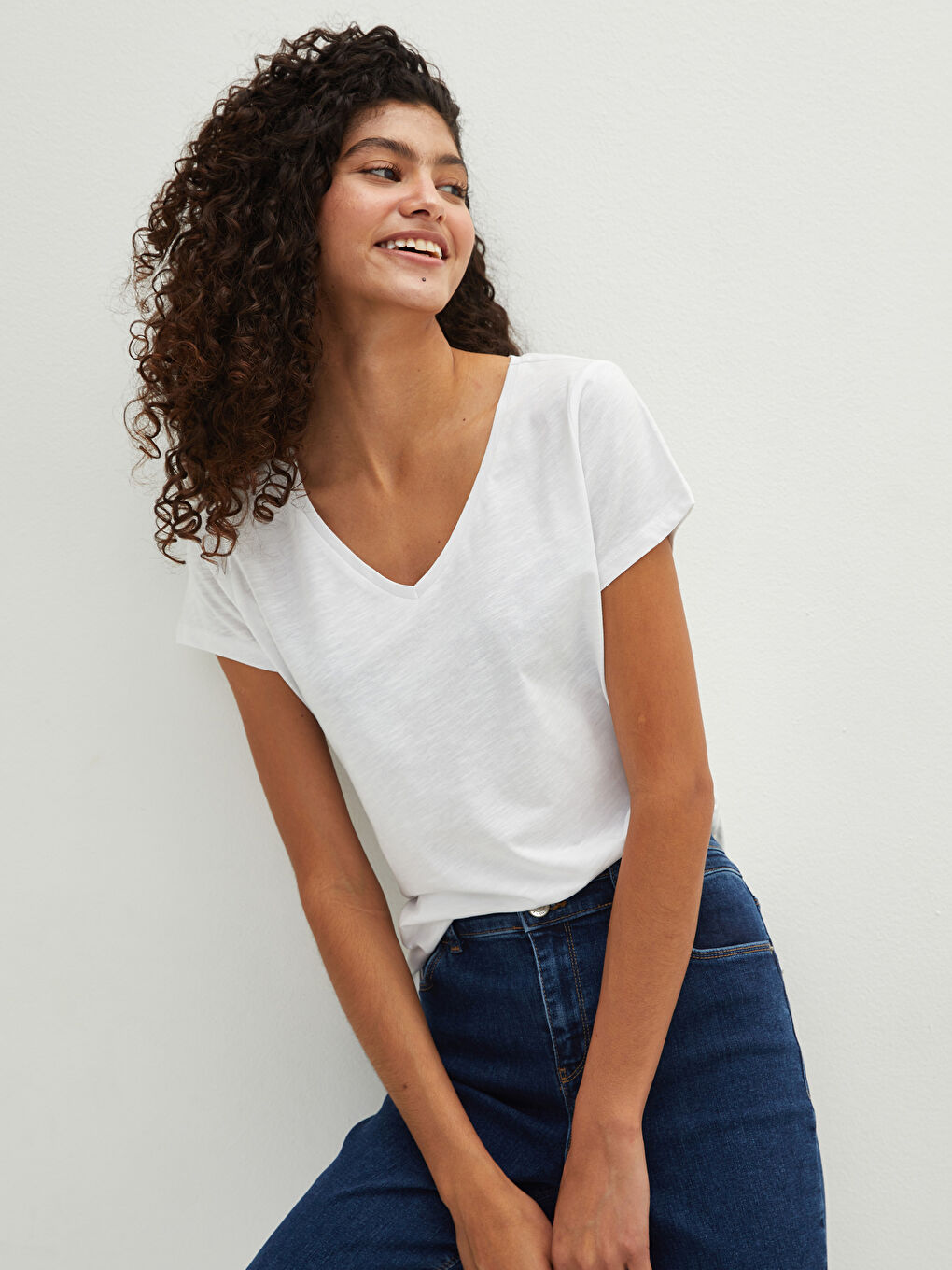 V Neck Straight Short Sleeve Cotton Women's T-Shirt