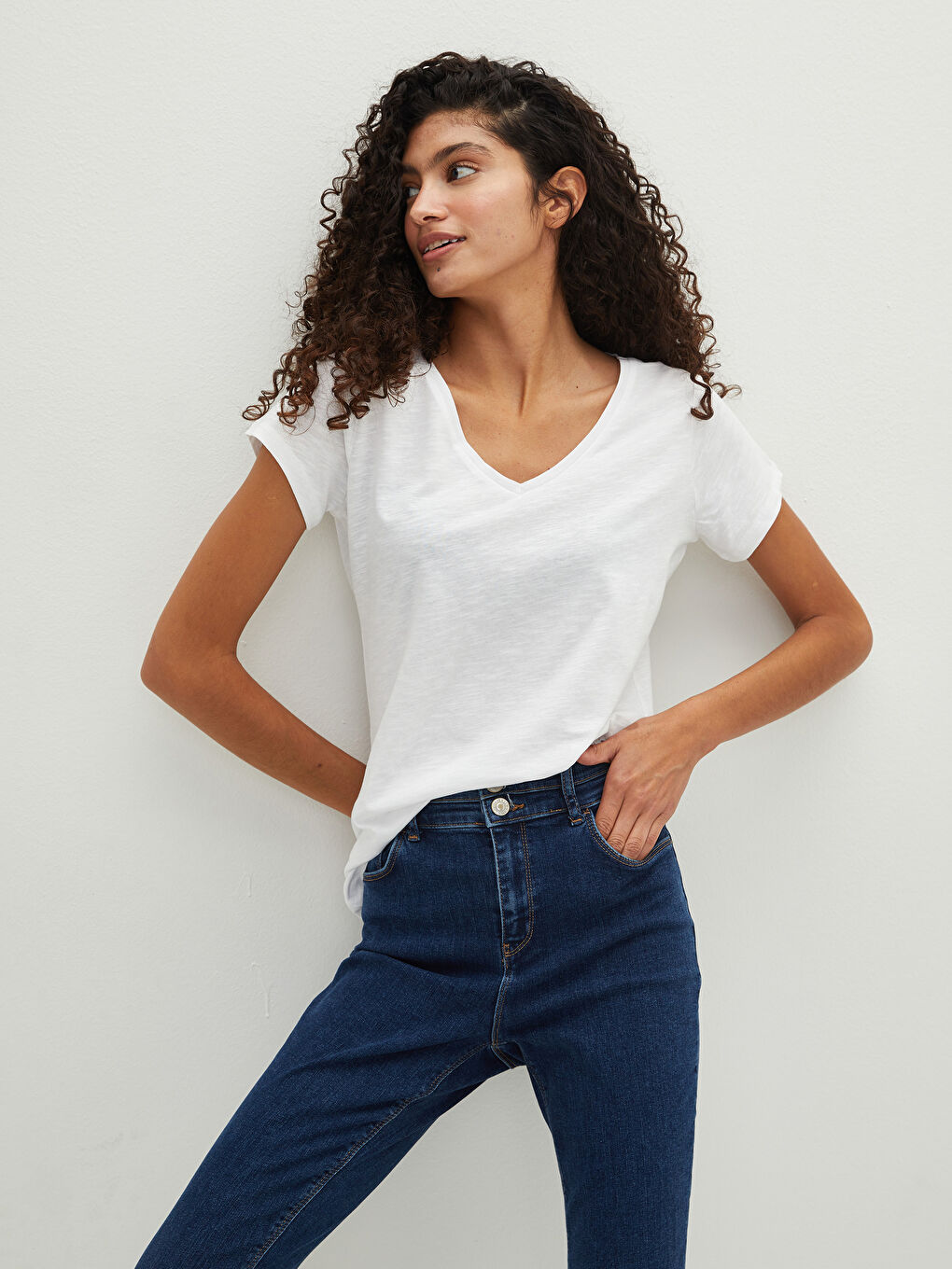 V Neck Straight Short Sleeve Cotton Women's T-Shirt-1