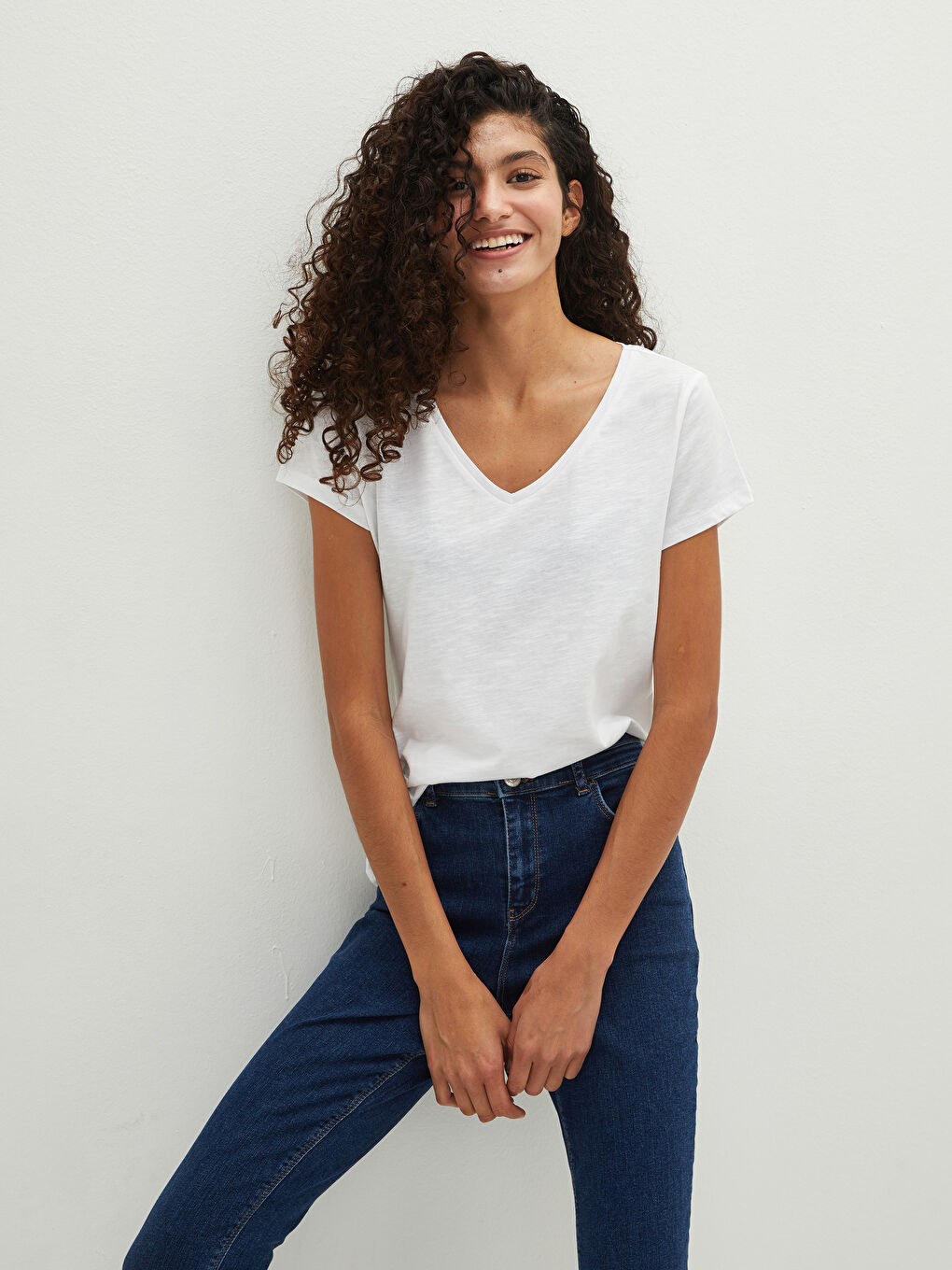 V Neck Straight Short Sleeve Cotton Women's T-Shirt-2