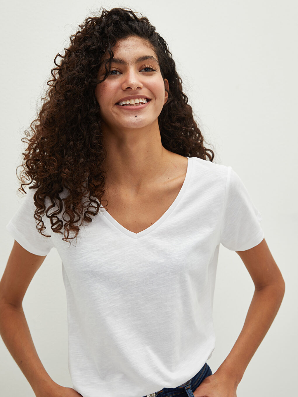 V Neck Straight Short Sleeve Cotton Women's T-Shirt-3
