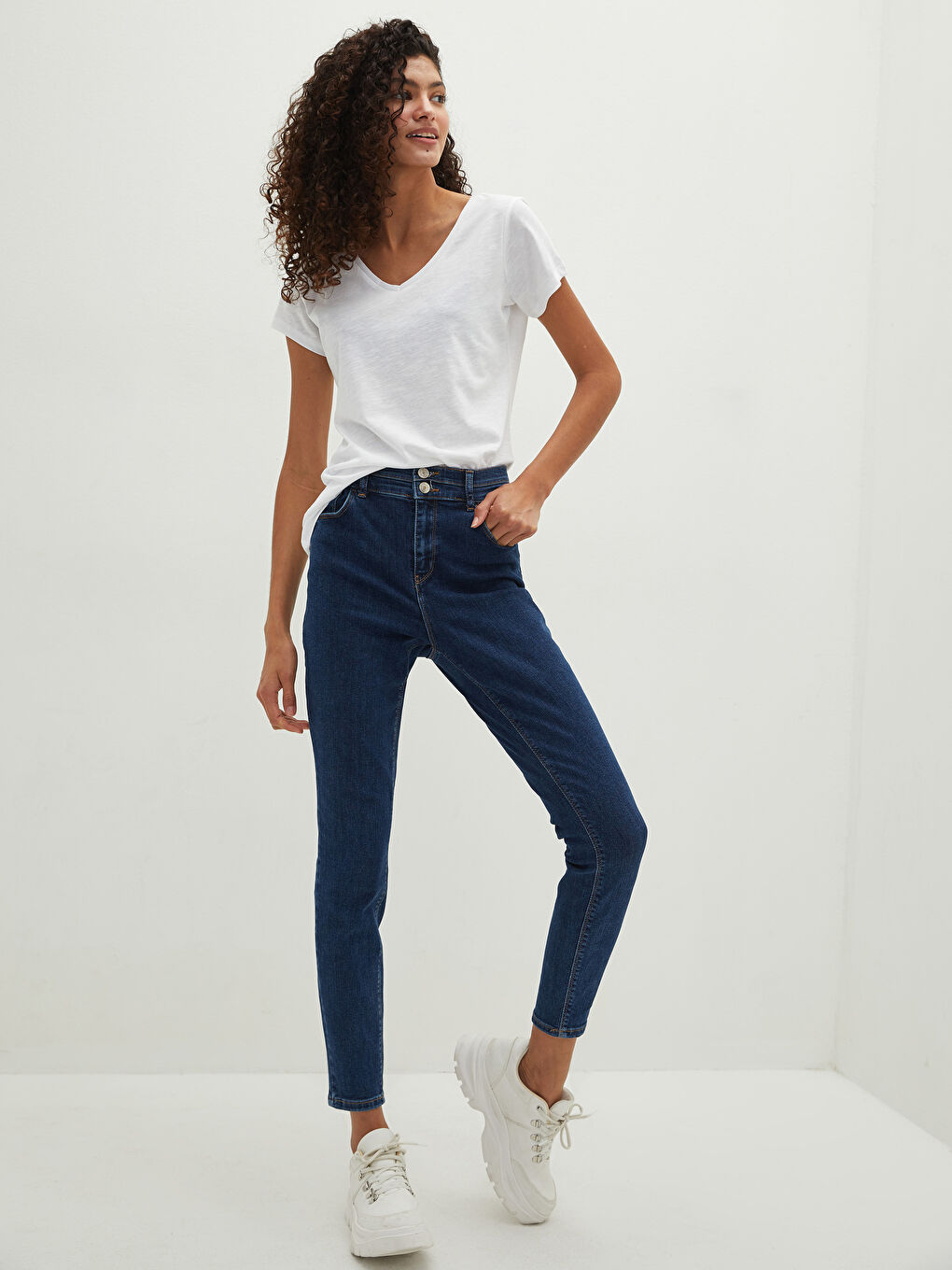 V Neck Straight Short Sleeve Cotton Women's T-Shirt-4