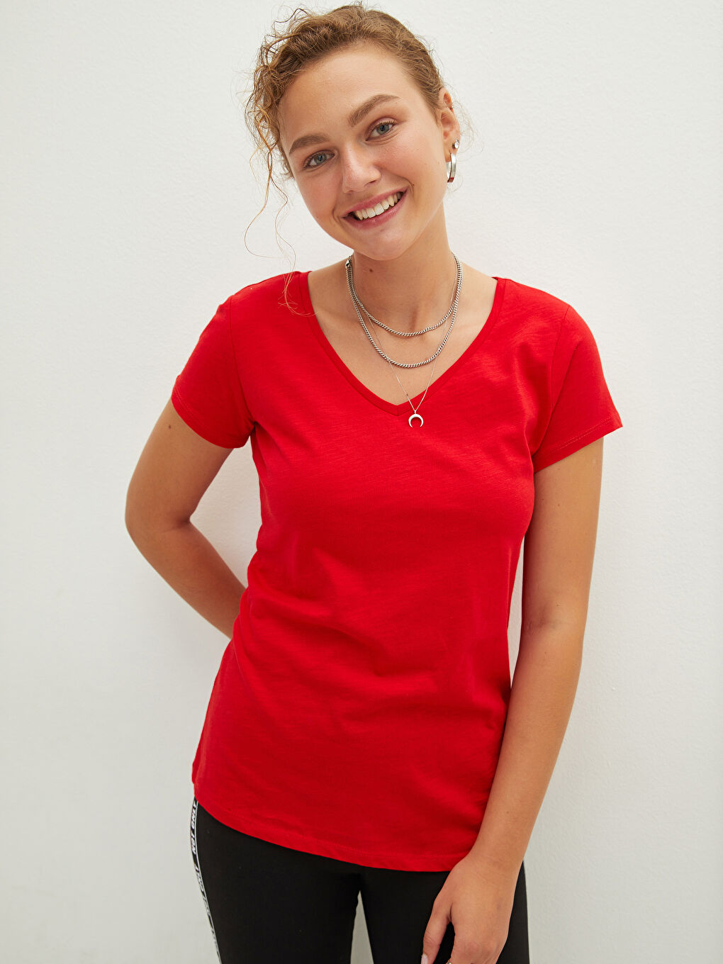 T-shirt pour Femmes à Manches Courtes Uni avec Encolure en V