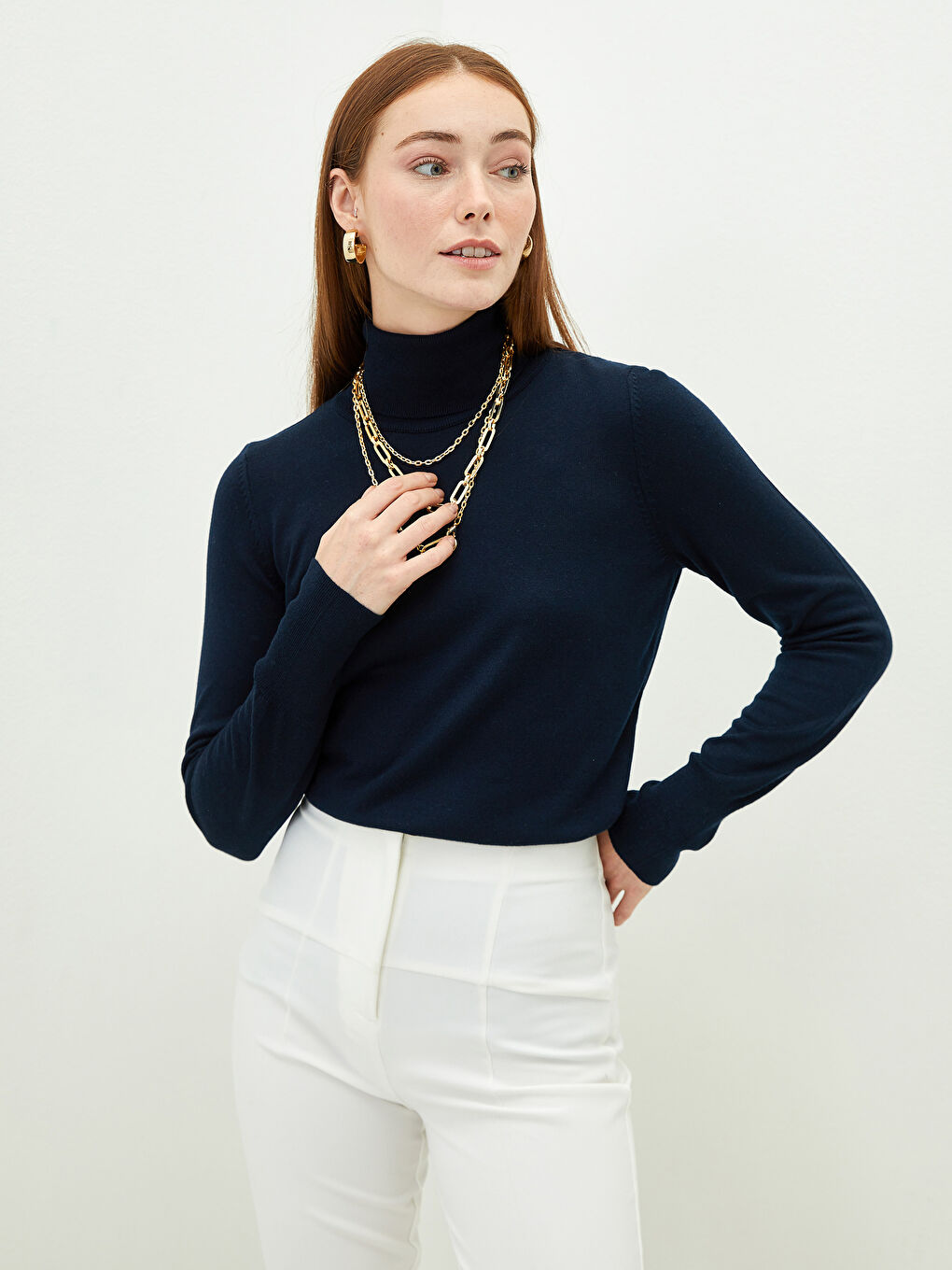 سترة تريكو ياقة هاي نيك سادة كم طويل للسيدات-1