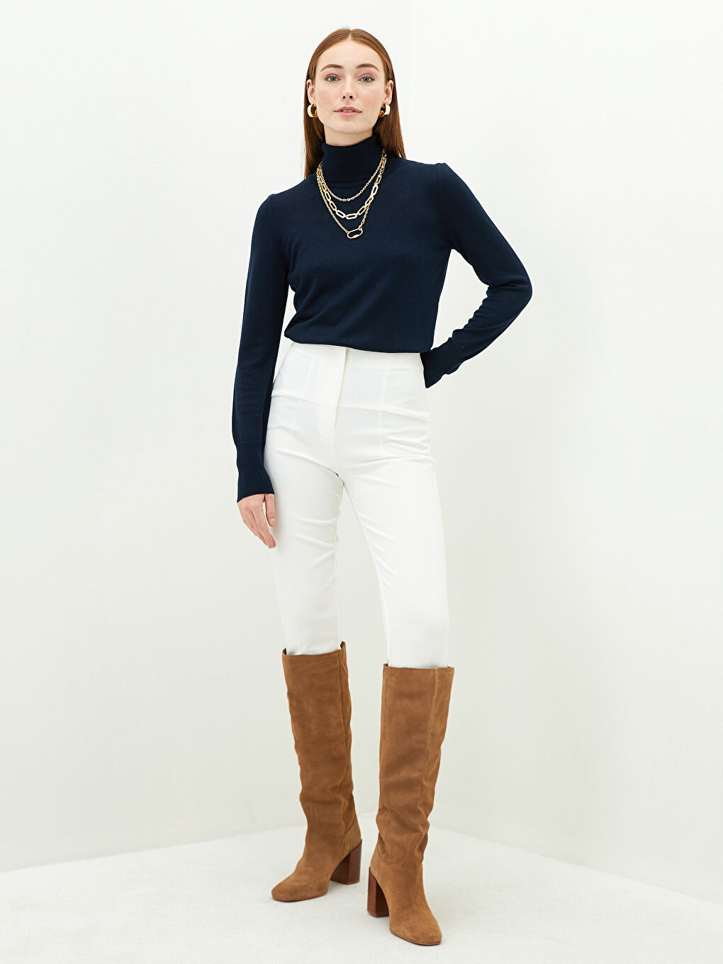 سترة تريكو ياقة هاي نيك سادة كم طويل للسيدات-3