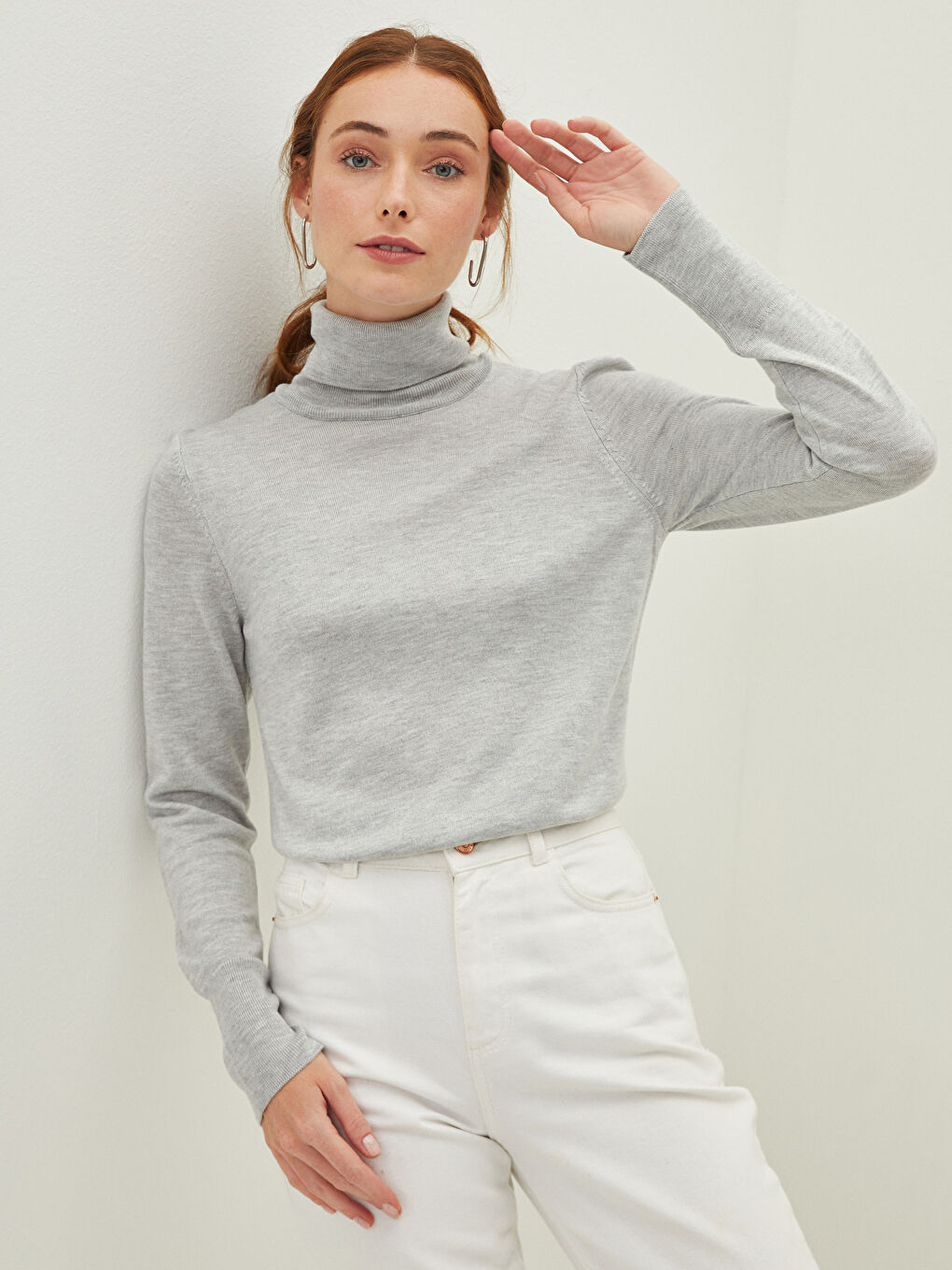 Gri Balıkçı Yaka Düz Uzun Kollu Kadın Triko Kazak-1