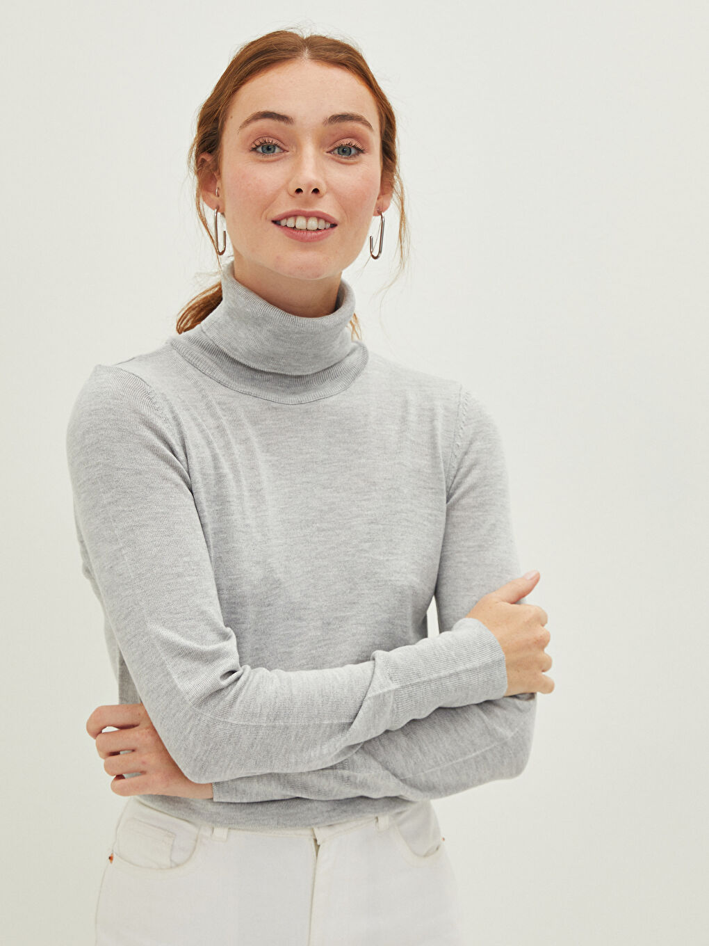 Gri Balıkçı Yaka Düz Uzun Kollu Kadın Triko Kazak-2