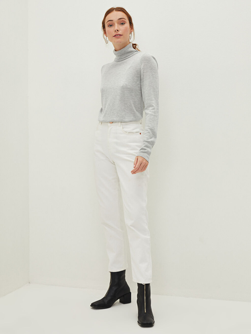 Gri Balıkçı Yaka Düz Uzun Kollu Kadın Triko Kazak-3