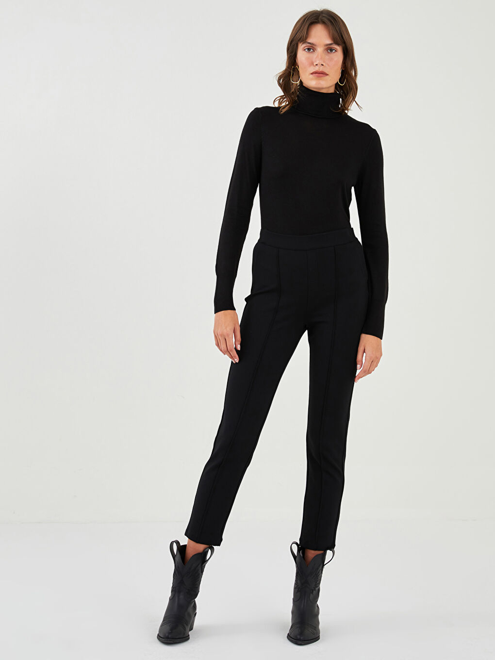 Siyah Balıkçı Yaka Düz Uzun Kollu Kadın Triko Kazak-2