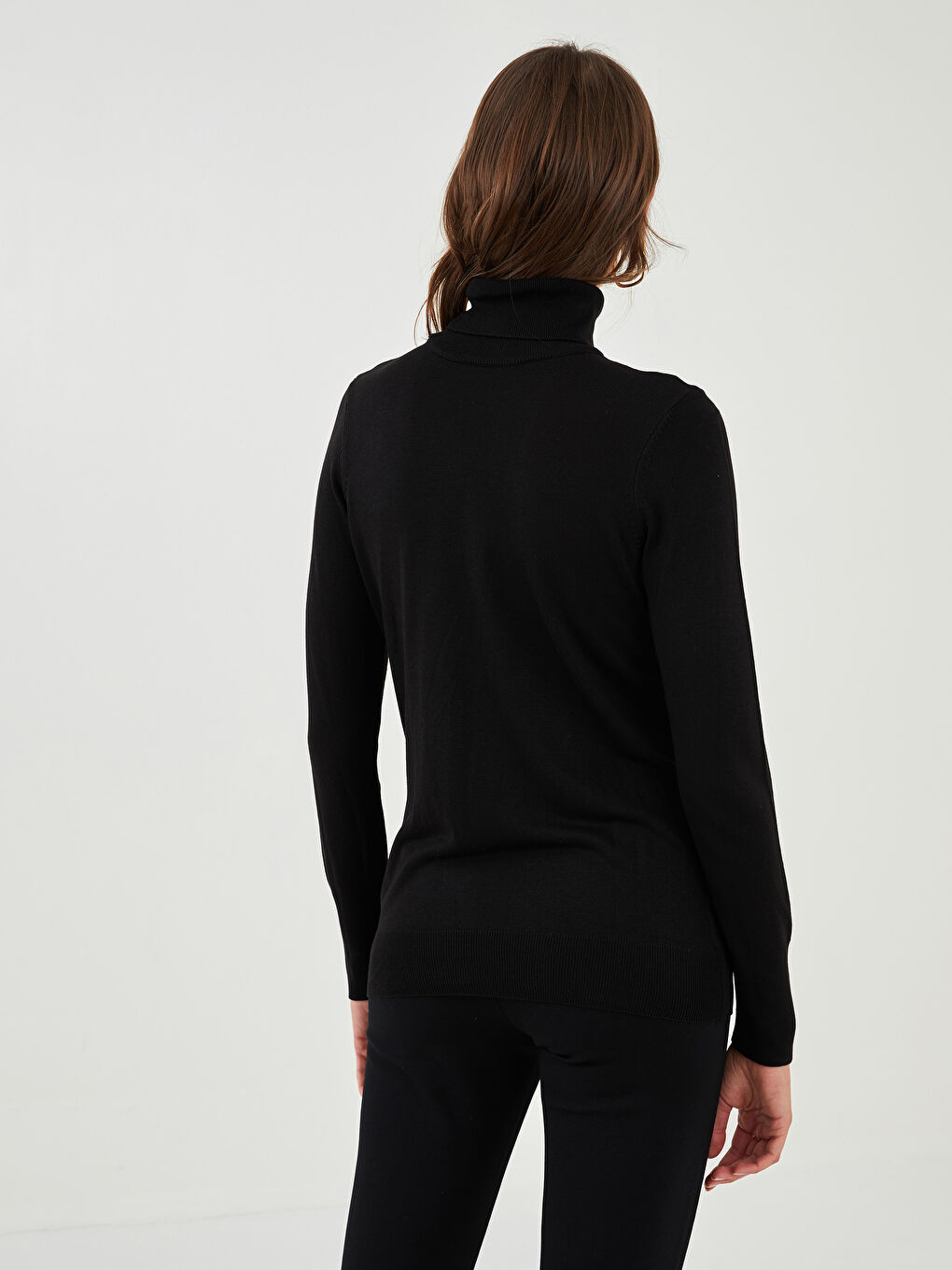 Siyah Balıkçı Yaka Düz Uzun Kollu Kadın Triko Kazak-3