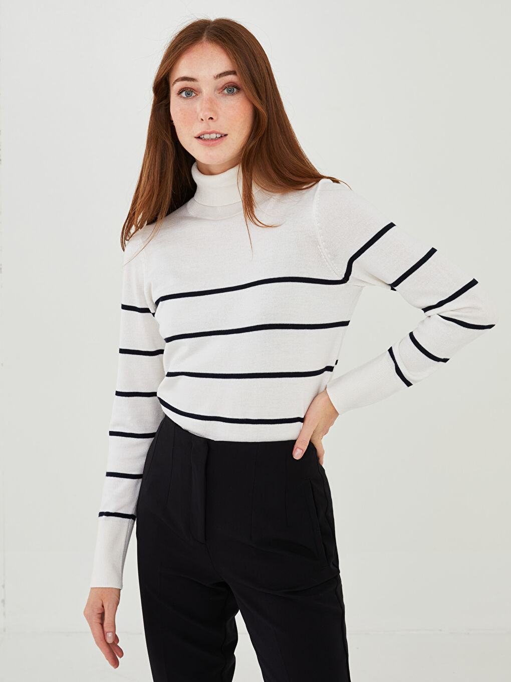Turtleneck Striped Long Sleeve Women's Tricot Sweater-1