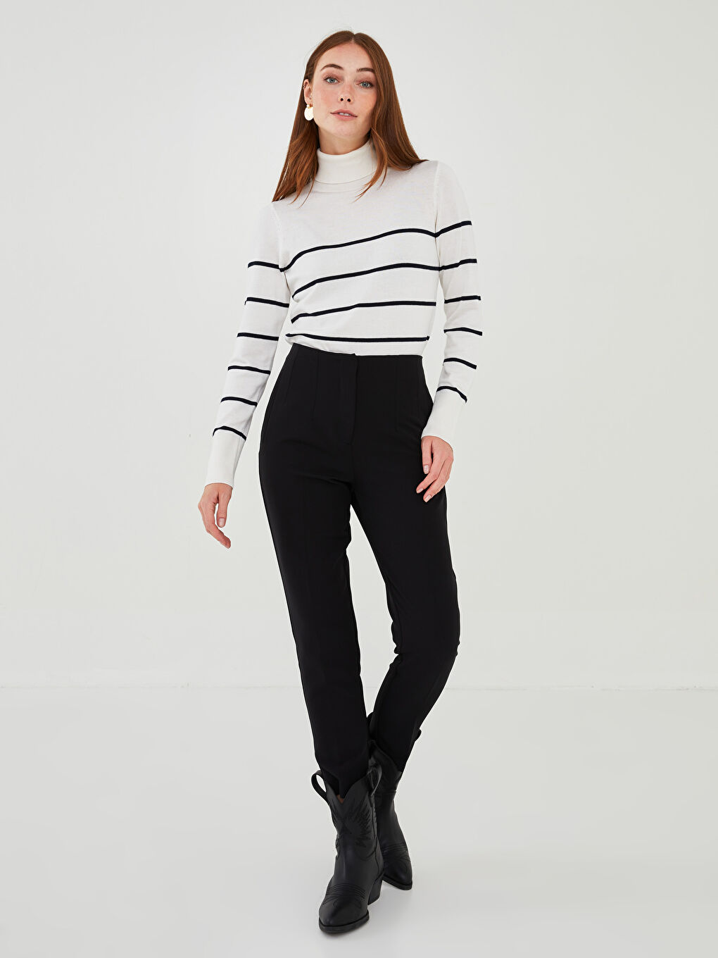 Turtleneck Striped Long Sleeve Women's Tricot Sweater-2