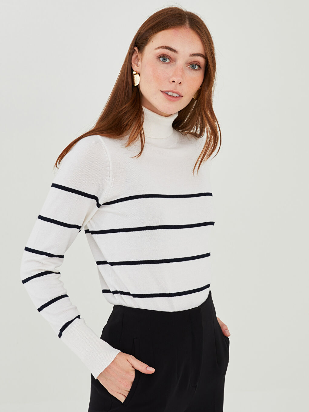 Turtleneck Striped Long Sleeve Women's Tricot Sweater-3
