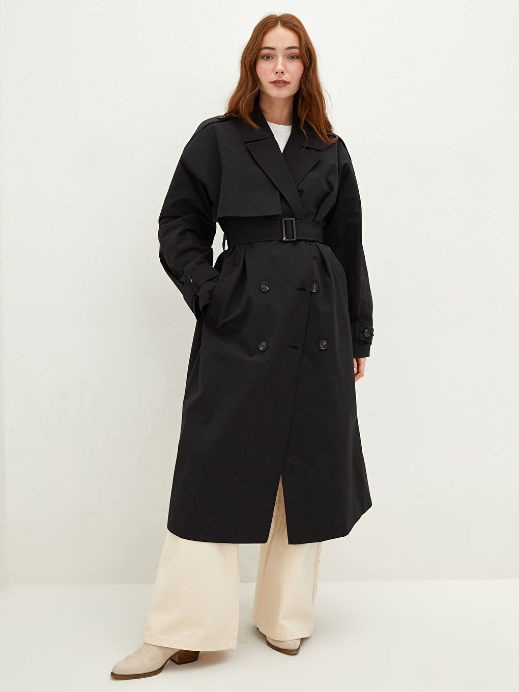 معطف ترنش للسيدات بياقة جاكيت مستقيمة وكم طويل وحزام عند الخصر-3