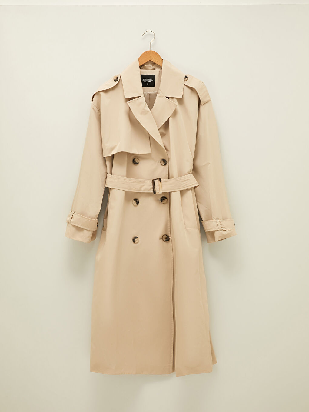 Bej Ceket Yaka Düz Uzun Kollu Beli Kemerli Kadın Trençkot-5