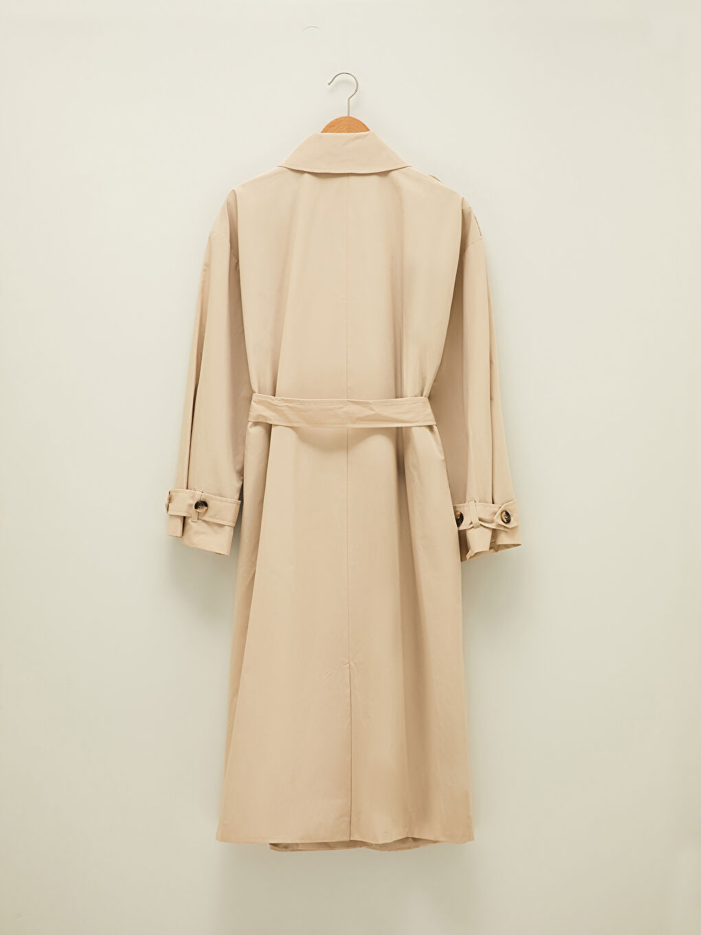 Bej Ceket Yaka Düz Uzun Kollu Beli Kemerli Kadın Trençkot-6