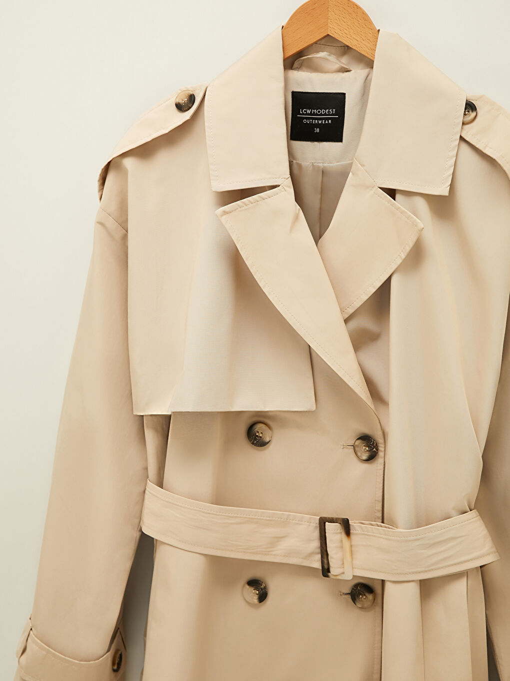 Bej Ceket Yaka Düz Uzun Kollu Beli Kemerli Kadın Trençkot-7