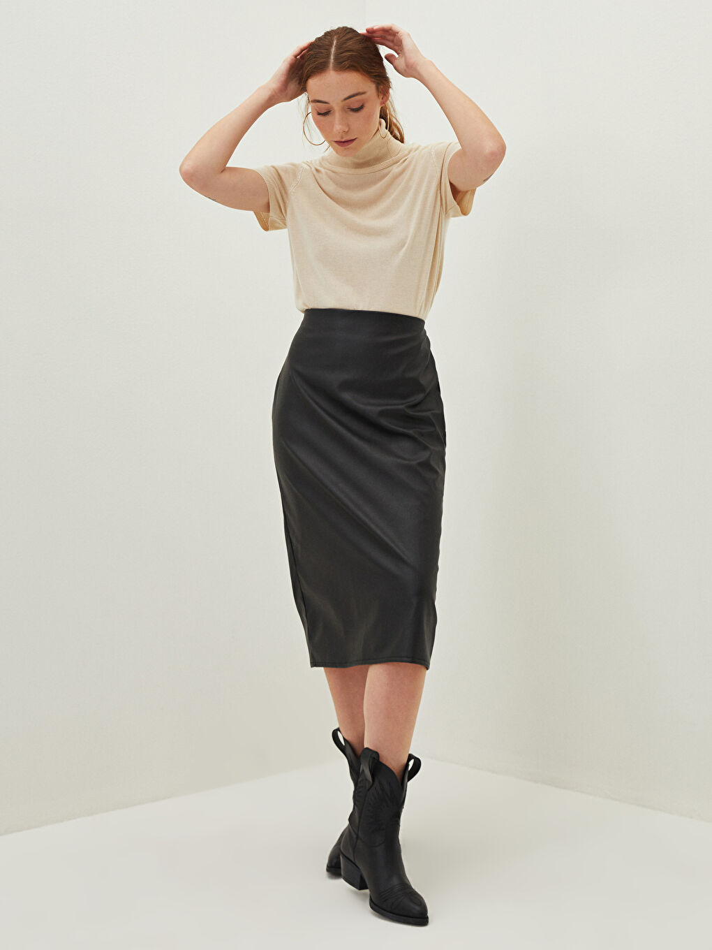 Юбка-карандаш Женская Приталенная с Завышенной Талией и Разрезом-1