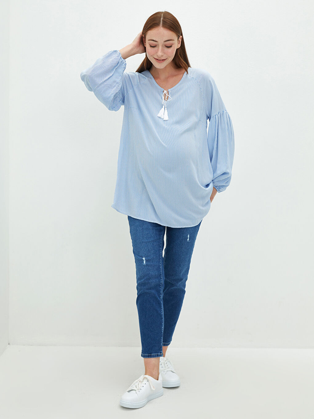 Mavi Bağlamalı Yaka Çizgili Uzun Kollu Viskon Hamile Bluz