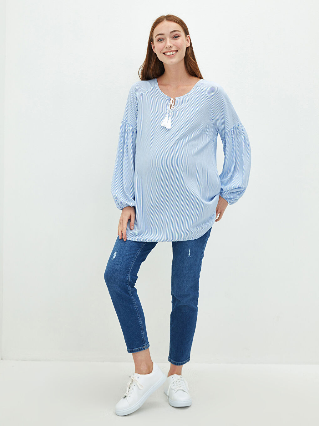 Mavi Bağlamalı Yaka Çizgili Uzun Kollu Viskon Hamile Bluz-1