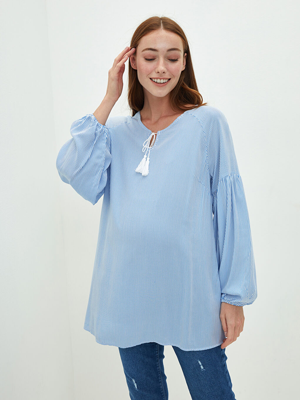 Mavi Bağlamalı Yaka Çizgili Uzun Kollu Viskon Hamile Bluz-2