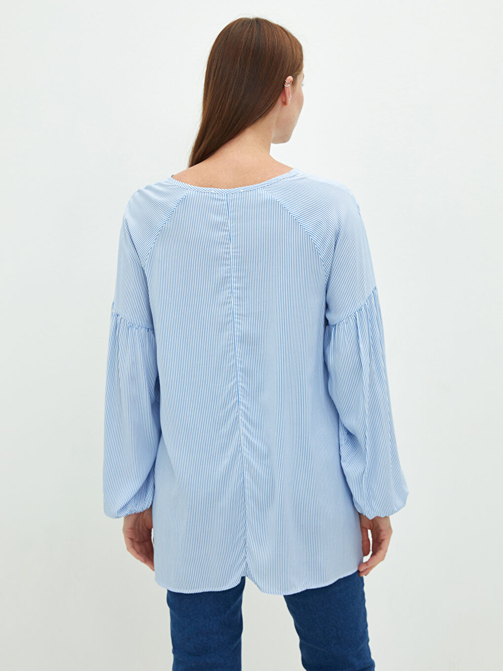 Mavi Bağlamalı Yaka Çizgili Uzun Kollu Viskon Hamile Bluz-3