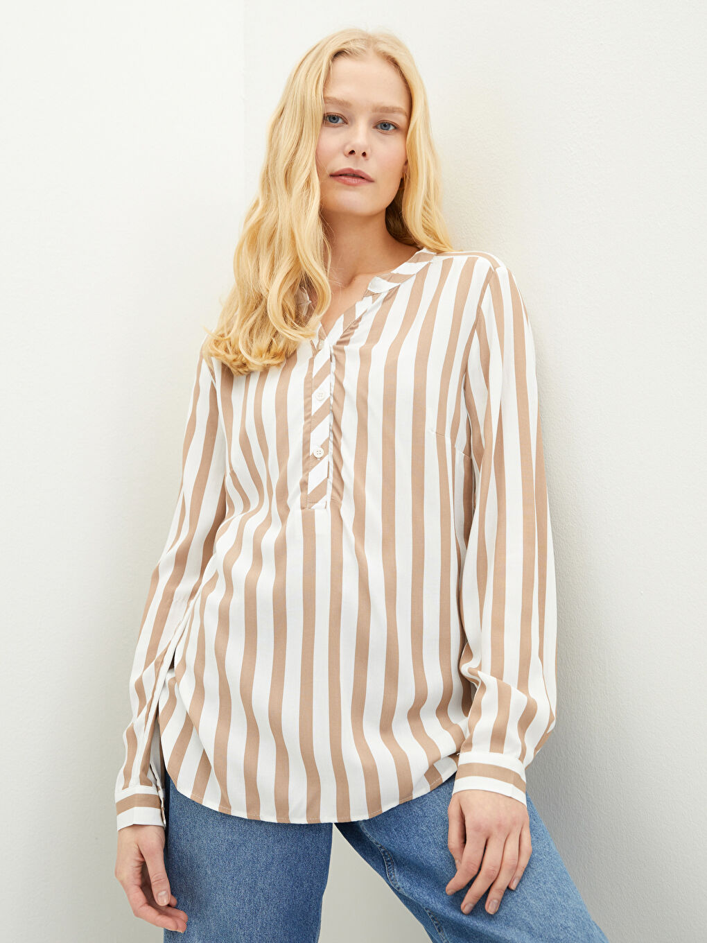 Turtleneck Striped Long Sleeve Viscose Women's Blouse