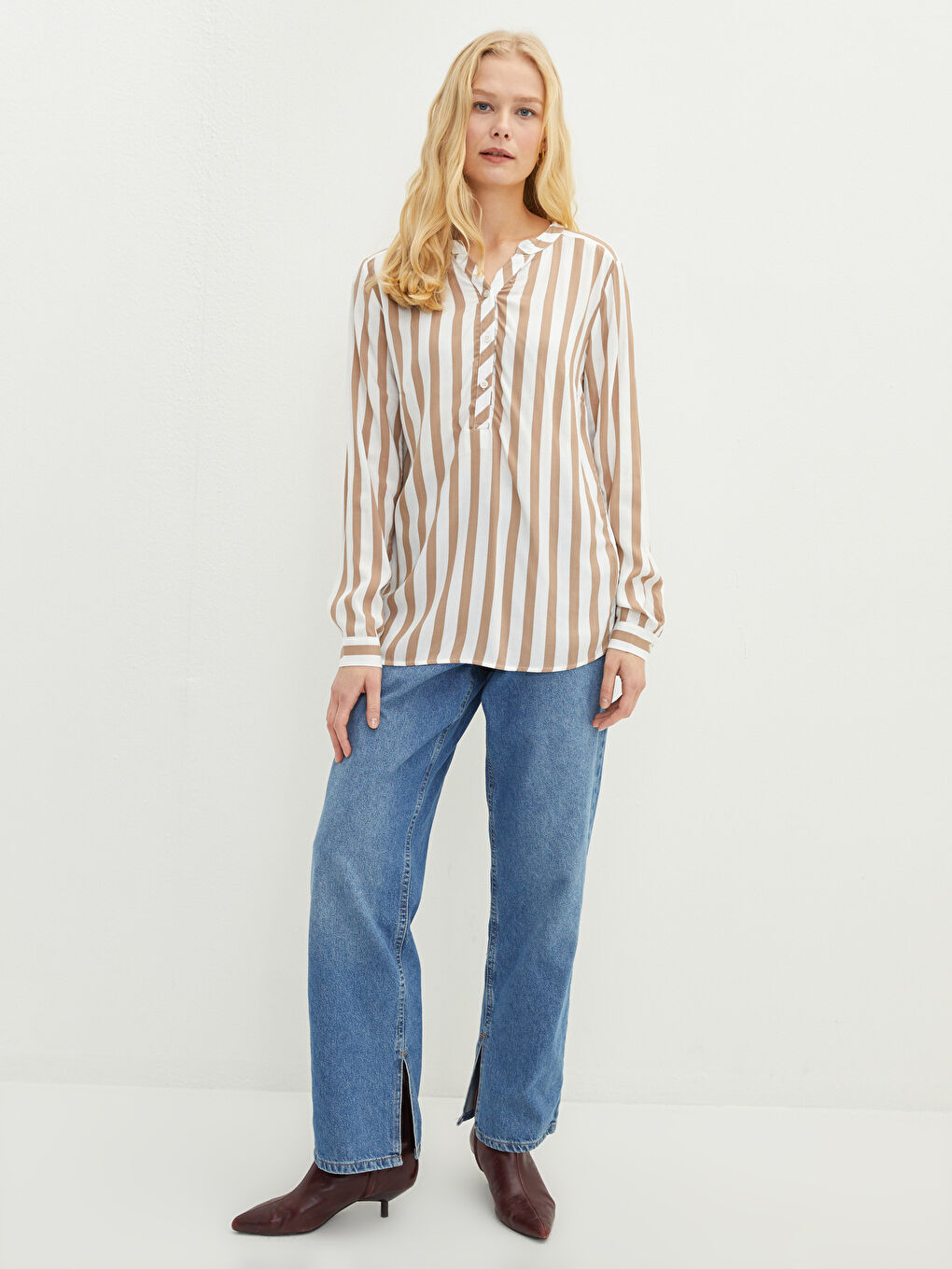 Turtleneck Striped Long Sleeve Viscose Women's Blouse-1