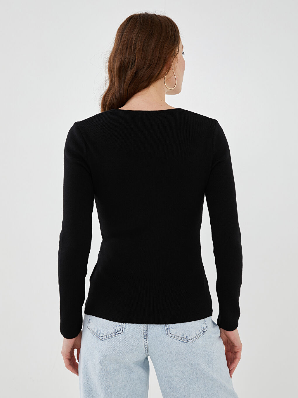 Siyah V Yaka Düz Uzun Kollu Kadın Kazak-6