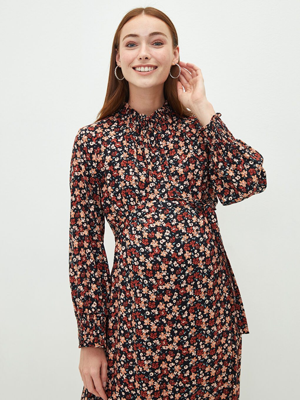 LCWAIKIKI Maternity Half Turtleneck Floral Long Sleeve Belmando Fabric Women's Dress -W1BN36Z8-LR8
