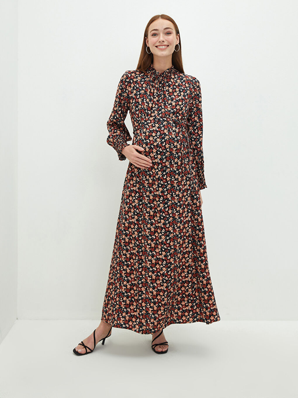 LCWAIKIKI Maternity Half Turtleneck Floral Long Sleeve Belmando Fabric Women's Dress -W1BN36Z8-LR8