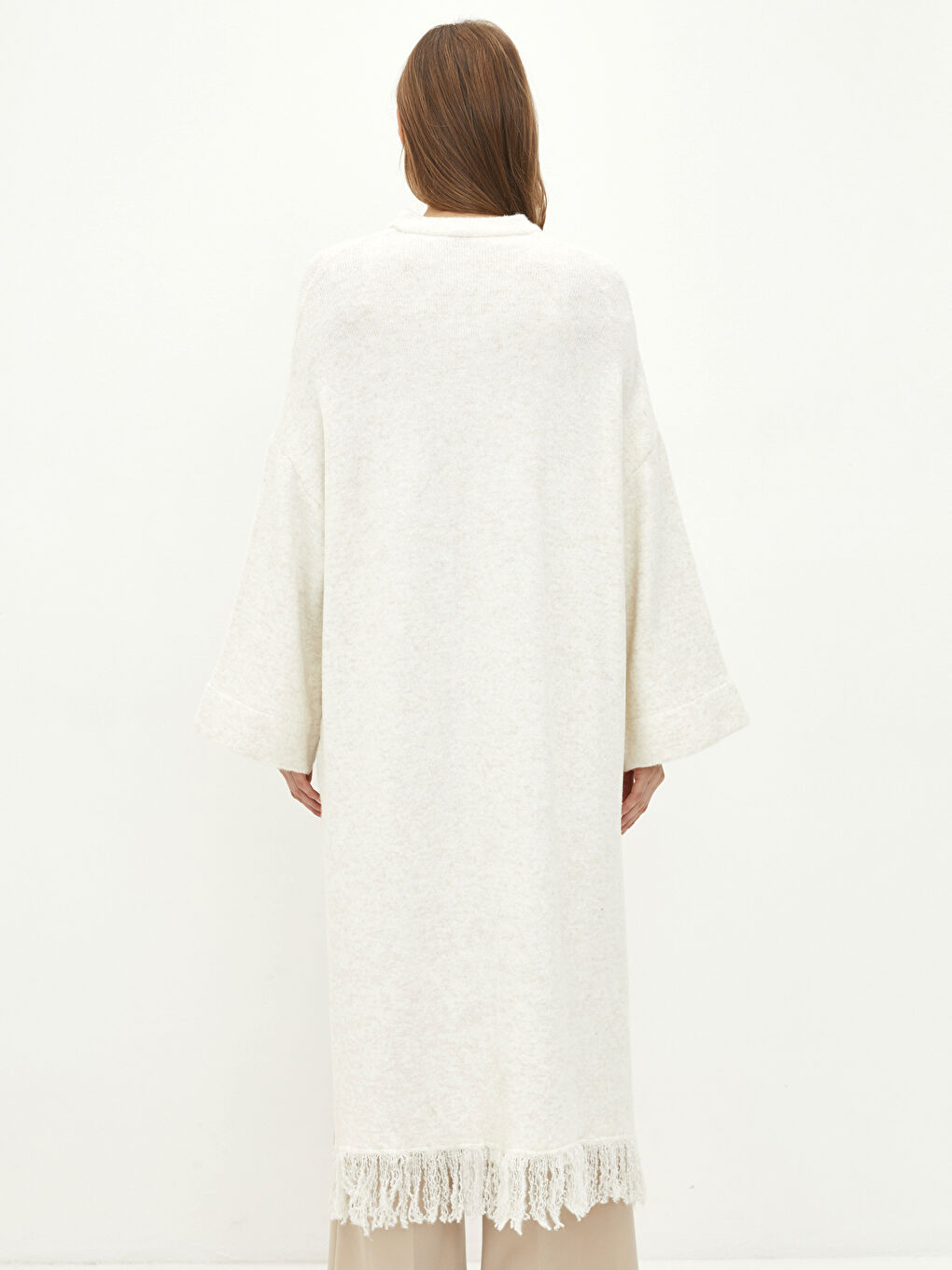 Ekru Bisiklet Yaka Düz Püskül Detaylı Uzun Kollu Kadın Triko Hırka-4