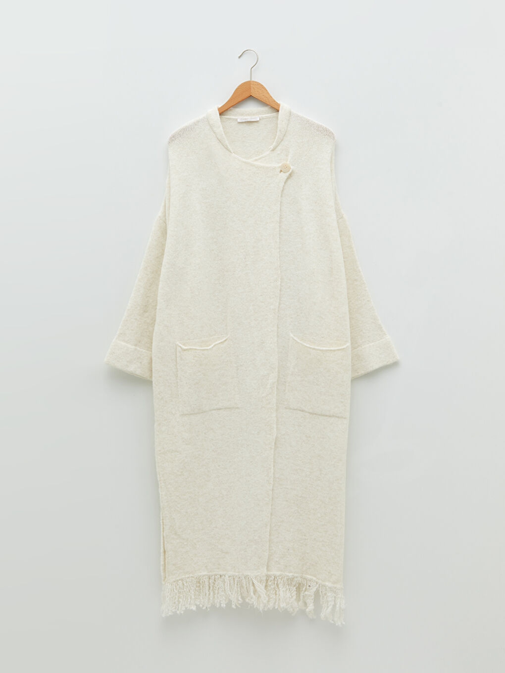 Ekru Bisiklet Yaka Düz Püskül Detaylı Uzun Kollu Kadın Triko Hırka-5