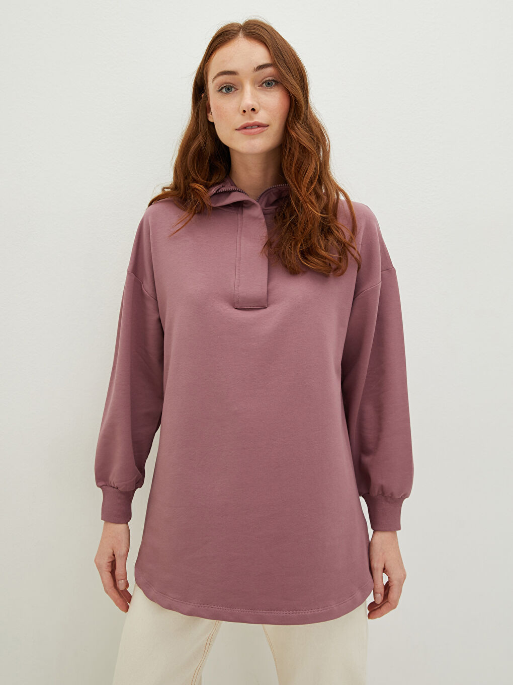 Mürdüm Kapüşon Yaka Düz Uzun Kollu Kadın Sweatshirt Tunik